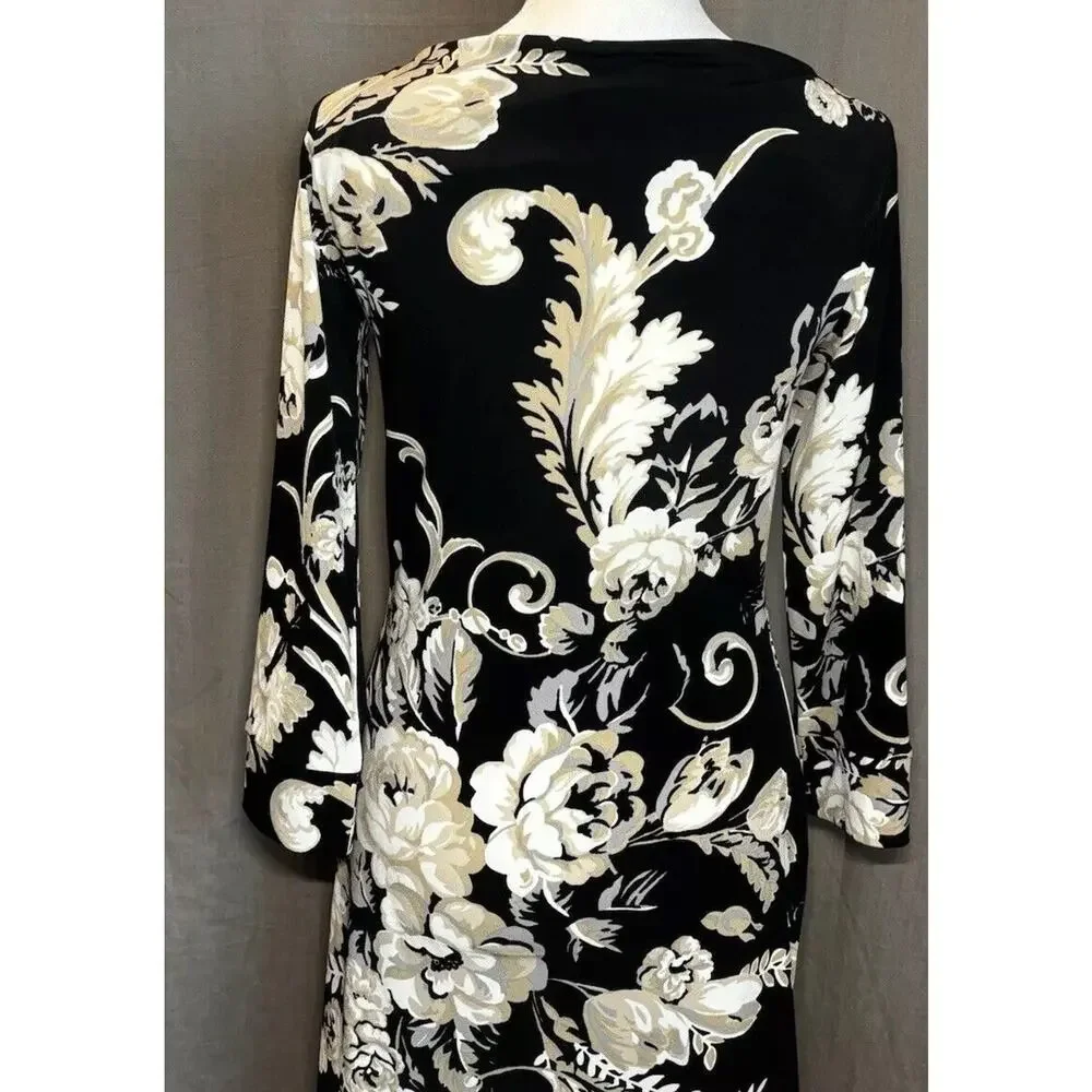 White House Black Market Dress Womens XXS Black Floral Knee Length Midi
